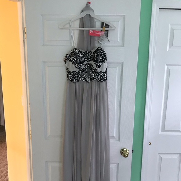 NWT Silver Strapless Gown with Beading - Picture 1 of 7